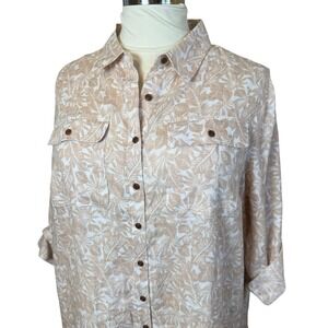 Lands End Plus 100% Linen Button Up Shirt 2X Beige Floral Roll Tab Sleeve Casual